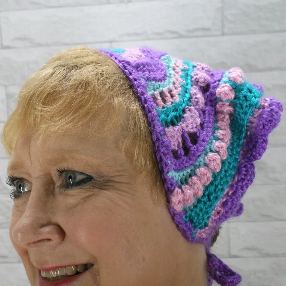 HAND CRAFTED Head Scarf Bandana Crochet Boho Mermaidcore Granny Square Retro